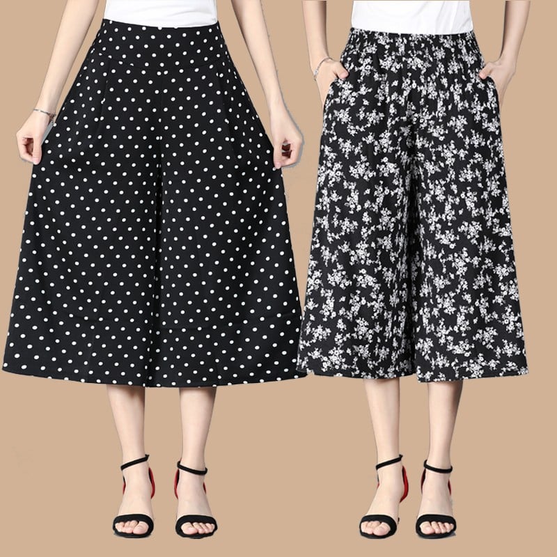 Women's High Elastic Waist Pleated Chiffon Wide Leg Culottes