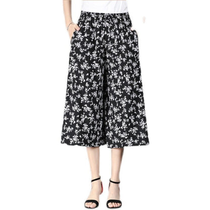 Women's High Elastic Waist Pleated Chiffon Wide Leg Culottes