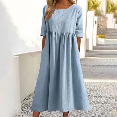 Women's Casual Basic Outdoor Crew Neck Pocket Smocked Cotton Dress