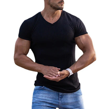 DynamicFit men's V-neck fitness T-shirt with stripe pattern