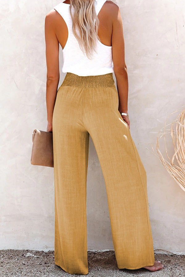 Linen Blend High Rise Smocked Pants