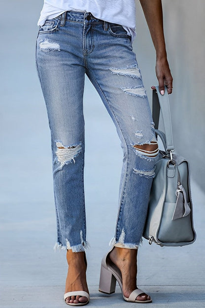 Distressed Raw Hem Straight Leg Jeans