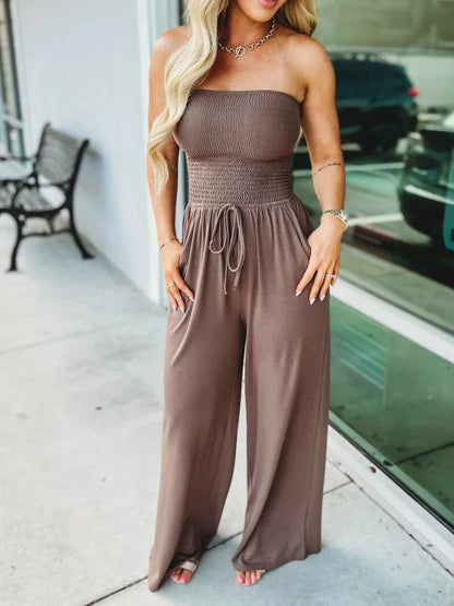 Plain-colored, off-the-shoulder jumpsuit with ruffles