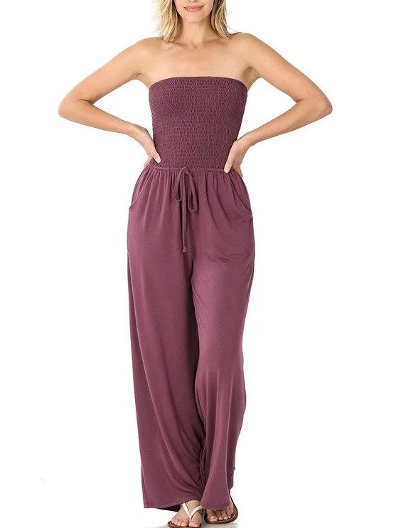 Plain-colored, off-the-shoulder jumpsuit with ruffles